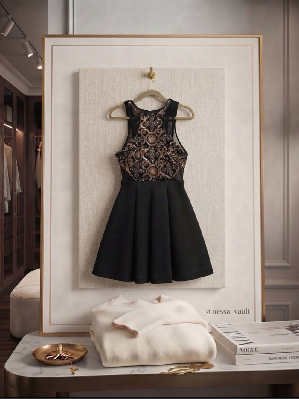 Faviana Black Dress with Gold Embellished Bodice